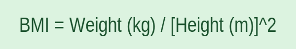 Formula: BMI = Weight (kg) / [Height (m)]^2