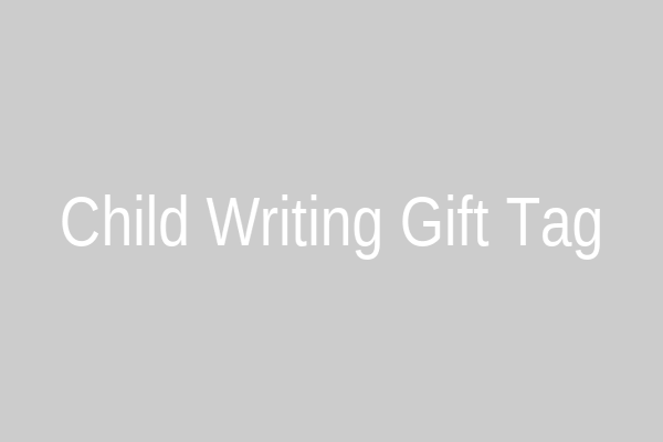A child writing a personalized note on a gift tag